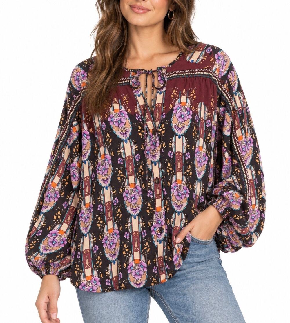 Johnny Was La Roco Blouson Peasant Blouse Purple Floral Boho XL/XXL